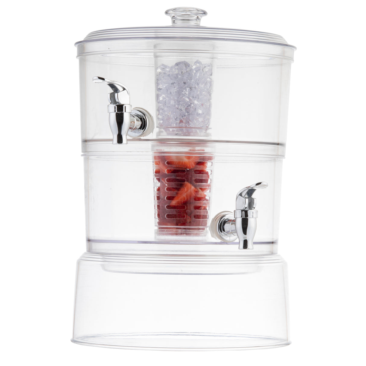 The TableCraft 2 gallon beverage dispenser features two chrome spigots. Its top chamber holds ice, the middle is filled with sliced strawberries, and the bottom is empty. The upright design includes a clear lid for easy access and stylish serving.