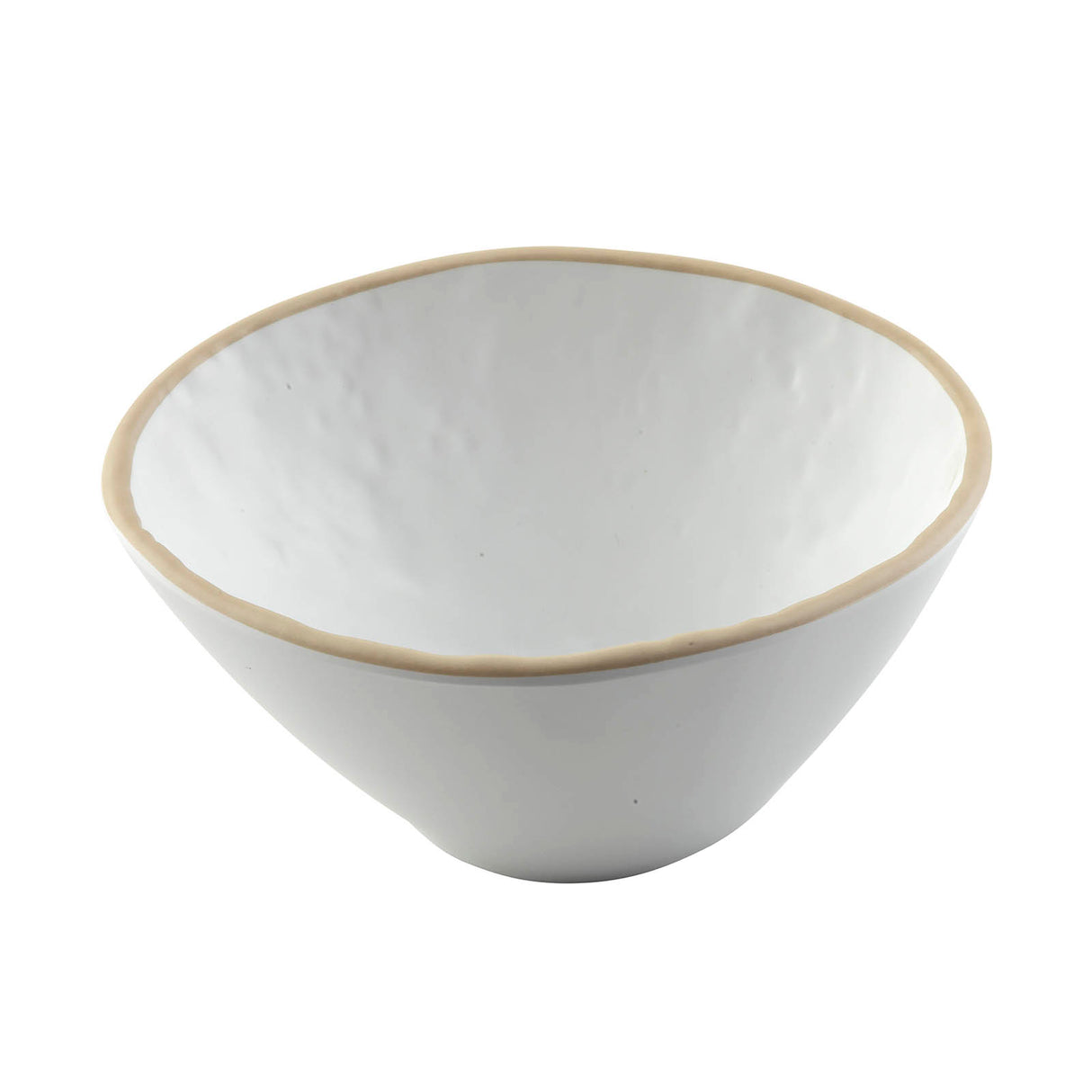 A simple, white Europa Collection Bowl with an uneven, textured surface and a slightly flared rim. The rim is outlined with a light beige accent, adding subtle detail to this dishwasher safe bowl set against a white background.