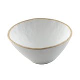 A simple, white Europa Collection Bowl with an uneven, textured surface and a slightly flared rim. The rim is outlined with a light beige accent, adding subtle detail to this dishwasher safe bowl set against a white background.