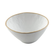 A simple, white Europa Collection Bowl with an uneven, textured surface and a slightly flared rim. The rim is outlined with a light beige accent, adding subtle detail to this dishwasher safe bowl set against a white background.