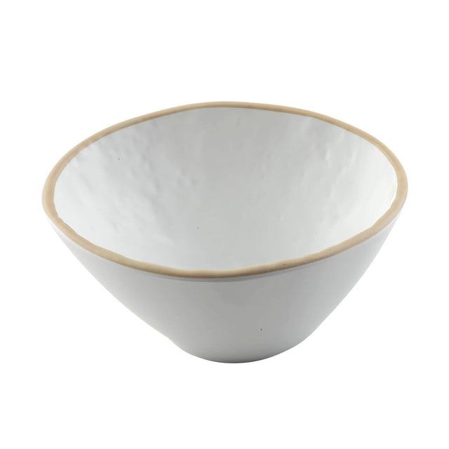 A simple, white Europa Collection Bowl with an uneven, textured surface and a slightly flared rim. The rim is outlined with a light beige accent, adding subtle detail to this dishwasher safe bowl set against a white background.