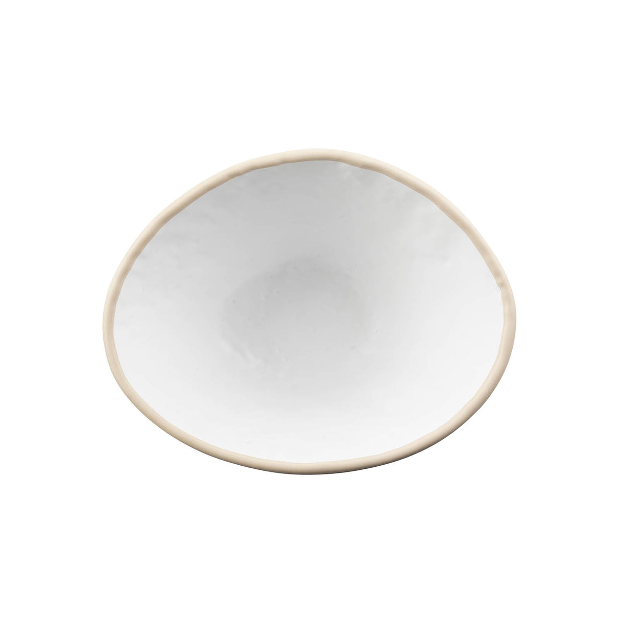 A white, round ceramic Europa Collection Bowl with an uneven, organic shape and a slightly raised, beige rim, viewed from above on a plain white background. This dishwasher safe bowl blends artistry and practicality.