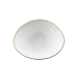 A white, round ceramic Europa Collection Bowl with an uneven, organic shape and a slightly raised, beige rim, viewed from above on a plain white background. This dishwasher safe bowl blends artistry and practicality.