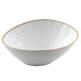 A white ceramic Europa Collection Bowl with a slightly irregular, rounded shape and a beige, unglazed rim. Its smooth surface features subtle dimples and a glossy interior, offering a handmade, rustic feel. The background is plain white.