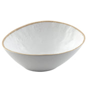 A white ceramic Europa Collection Bowl with a slightly irregular, rounded shape and a beige, unglazed rim. Its smooth surface features subtle dimples and a glossy interior, offering a handmade, rustic feel. The background is plain white.