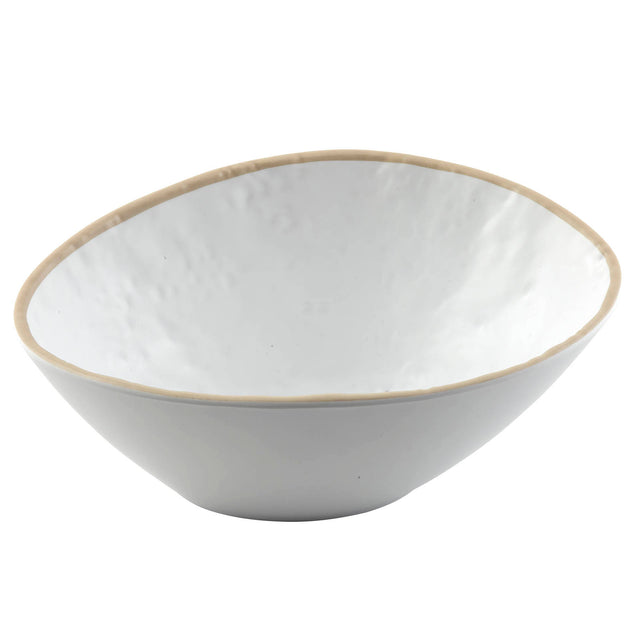 A white ceramic Europa Collection Bowl with a slightly irregular, rounded shape and a beige, unglazed rim. Its smooth surface features subtle dimples and a glossy interior, offering a handmade, rustic feel. The background is plain white.