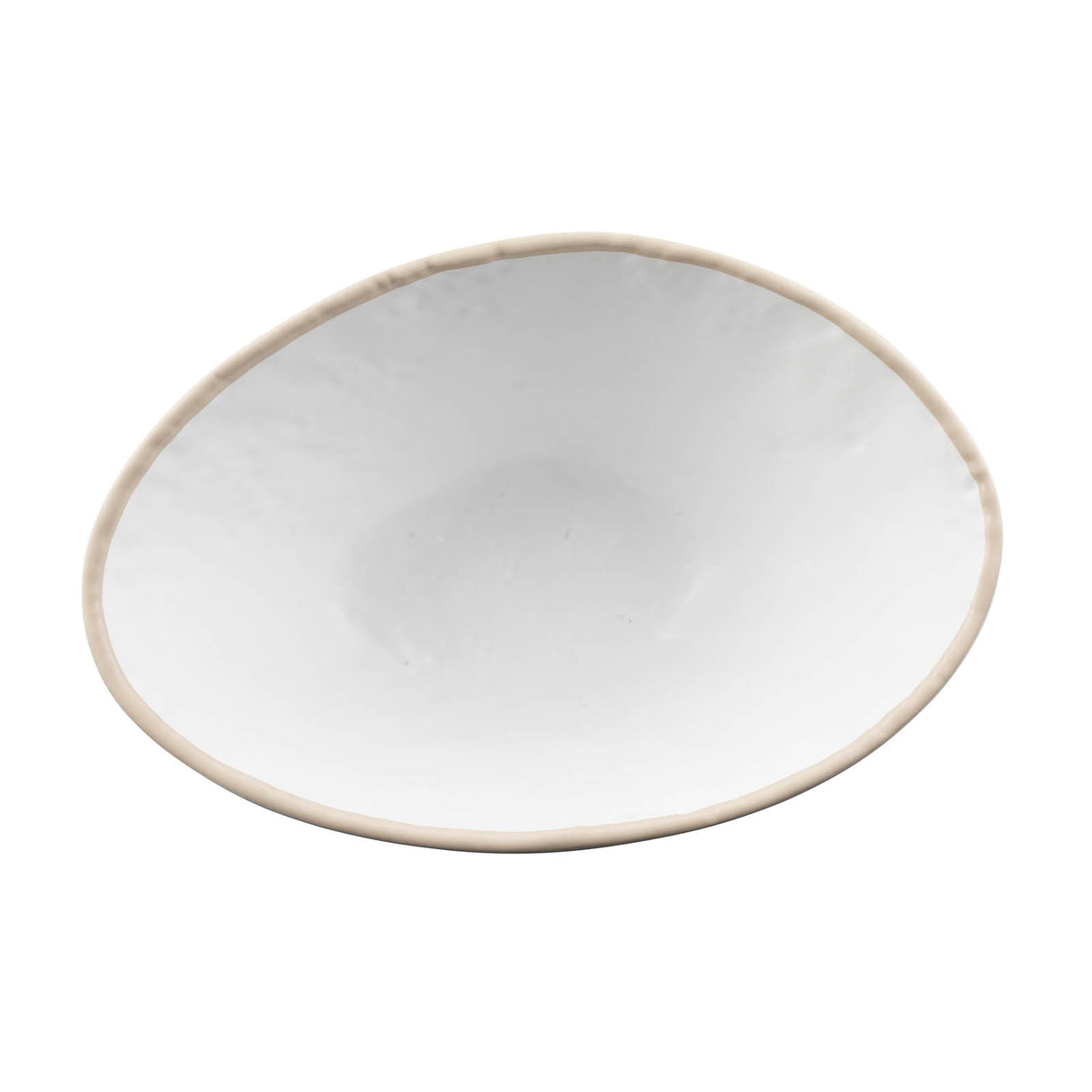 A shallow, round, white Europa Collection Bowl with a slightly uneven, organic shape and a thin beige rim, dishwasher safe and set against a plain white background.