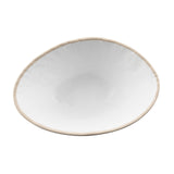 A shallow, round, white Europa Collection Bowl with a slightly uneven, organic shape and a thin beige rim, dishwasher safe and set against a plain white background.