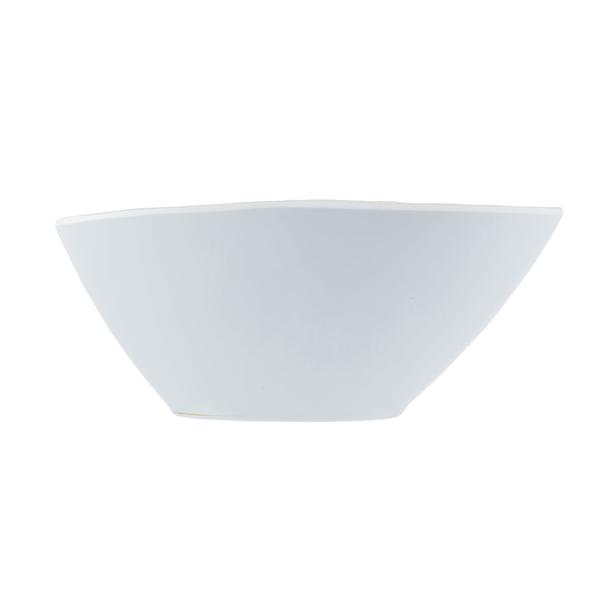 A plain, white Europa Collection Bowl is centered against a white background. The bowl’s smooth, clean lines and modern design feature gently angled sides that taper to a small base. This dishwasher safe bowl has no visible patterns or decorations.