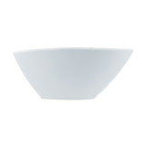A plain, white Europa Collection Bowl is centered against a white background. The bowl’s smooth, clean lines and modern design feature gently angled sides that taper to a small base. This dishwasher safe bowl has no visible patterns or decorations.