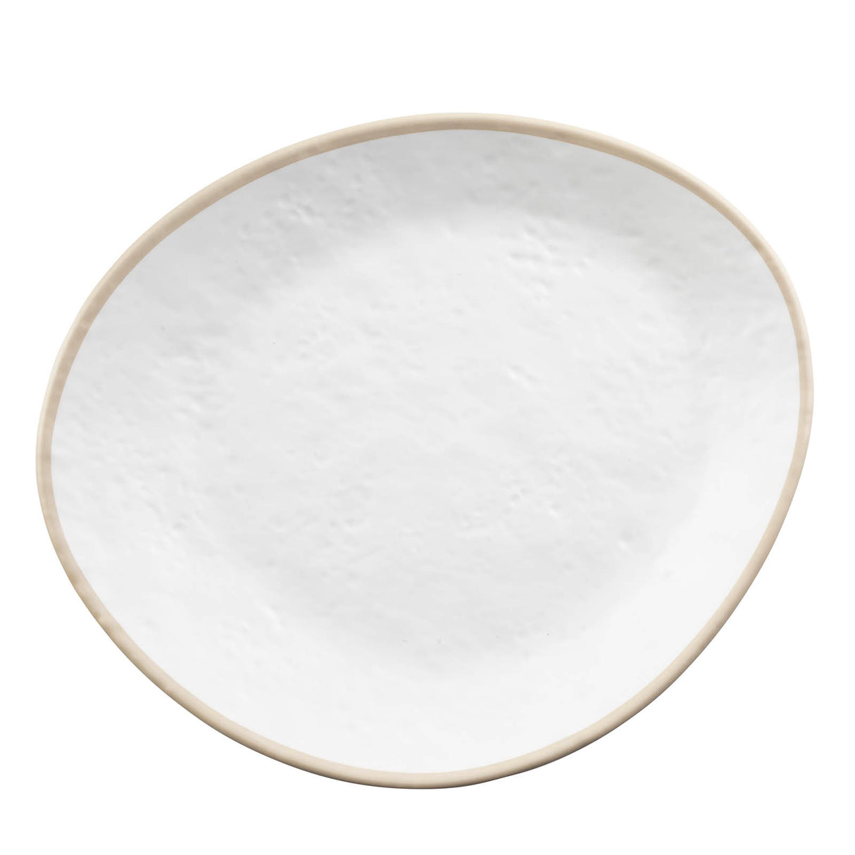 A plain, round white ceramic plate with a slightly irregular shape and light beige rim, viewed from above on a white background. Part of the Europa Collection Plate series, its subtly textured surface resembles a soft white stone pattern.