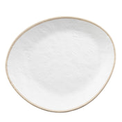 A plain, round white ceramic plate with a slightly irregular shape and light beige rim, viewed from above on a white background. Part of the Europa Collection Plate series, its subtly textured surface resembles a soft white stone pattern.