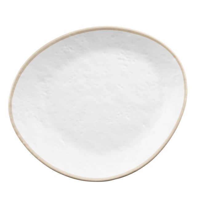A plain, round white ceramic plate with a slightly irregular shape and light beige rim, viewed from above on a white background. Part of the Europa Collection Plate series, its subtly textured surface resembles a soft white stone pattern.