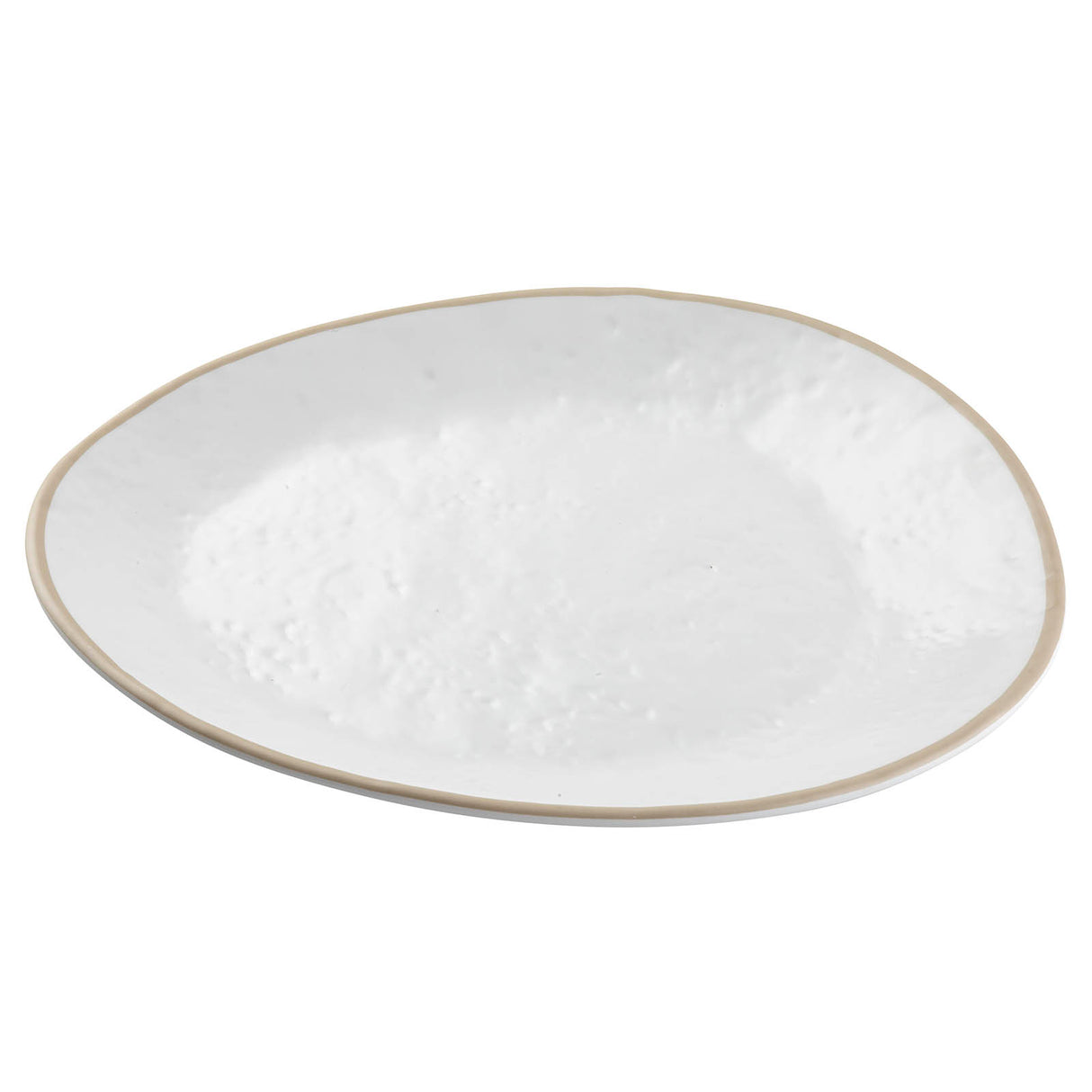 A white Europa Collection Plate, slightly irregular and round, with a subtle white stone pattern and a thin, light beige rim, photographed on a plain white background. The plate appears simple and modern in design.