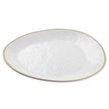 A white Europa Collection Plate, slightly irregular and round, with a subtle white stone pattern and a thin, light beige rim, photographed on a plain white background. The plate appears simple and modern in design.