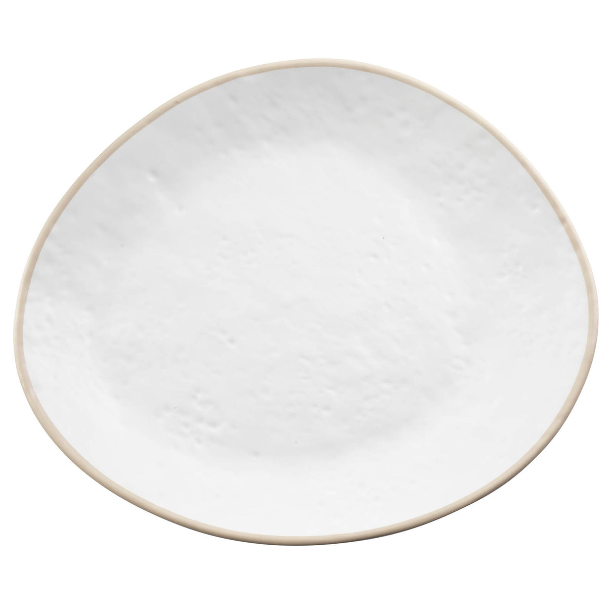 A white, round-edged Europa Collection Plate with an irregular, organic shape. The slightly textured, matte surface and thin beige rim stand out against the plain white background. This melamine plate is also dishwasher safe.