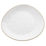 A white, round-edged Europa Collection Plate with an irregular, organic shape. The slightly textured, matte surface and thin beige rim stand out against the plain white background. This melamine plate is also dishwasher safe.