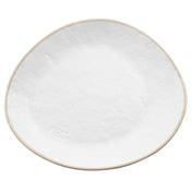 A white, round-edged Europa Collection Plate with an irregular, organic shape. The slightly textured, matte surface and thin beige rim stand out against the plain white background. This melamine plate is also dishwasher safe.
