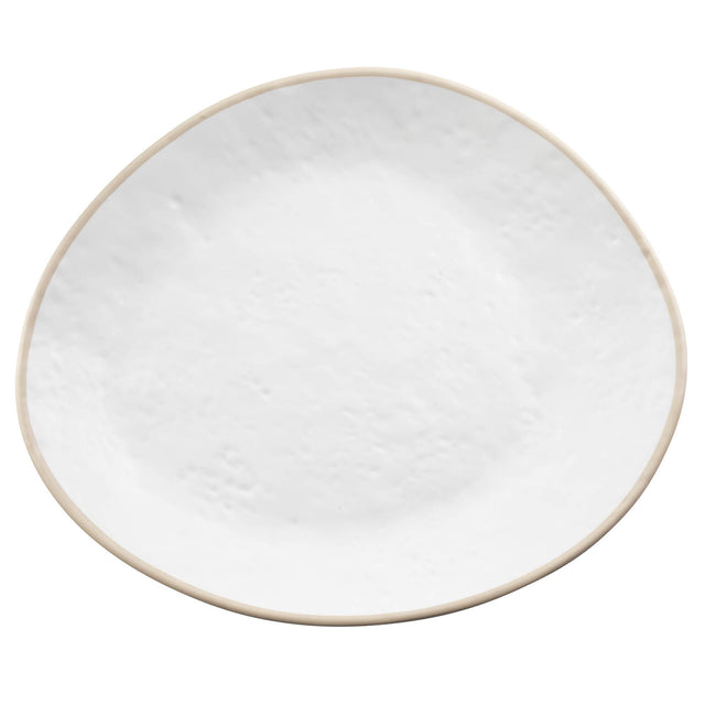 A white, round-edged Europa Collection Plate with an irregular, organic shape. The slightly textured, matte surface and thin beige rim stand out against the plain white background. This melamine plate is also dishwasher safe.