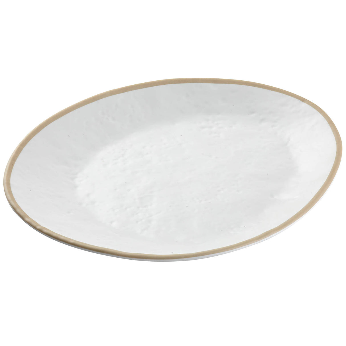A white, slightly oval Europa Collection Plate with a gently textured surface. The rim features a thin, uneven beige border. Dishwasher safe, the plate has a shallow depth and is photographed on a plain white background.