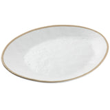 A white, slightly oval Europa Collection Plate with a gently textured surface. The rim features a thin, uneven beige border. Dishwasher safe, the plate has a shallow depth and is photographed on a plain white background.