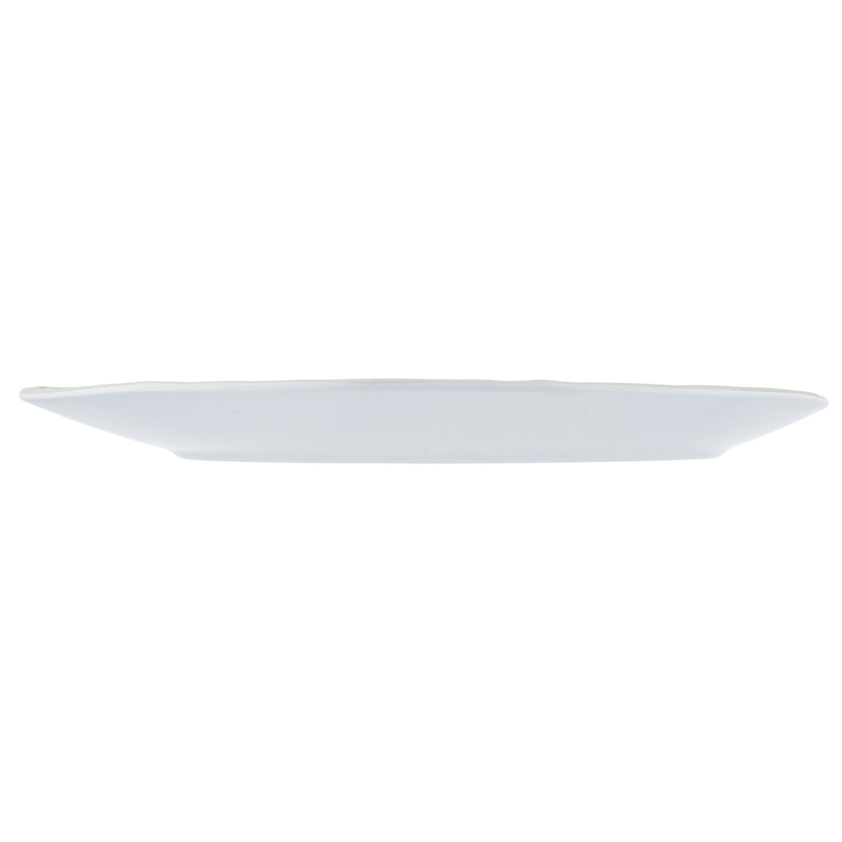 A plain, white, round Europa Collection Plate viewed from the side against a white background. The plate’s profile shows a thin, slightly curved edge with a flat base, embodying simple, minimalist style. Dishwasher safe for easy cleanup.