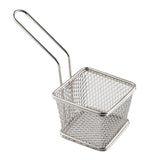 A small, square stainless steel wire mesh serving basket with a long handle, ideal for deep frying or serving food. Featuring an open top and sturdy, industrial look, this dishwasher safe basket is photographed against a white background.