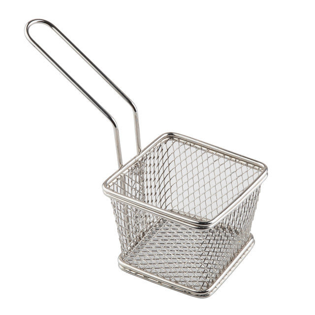 A small, square stainless steel wire mesh serving basket with a long handle, ideal for deep frying or serving food. Featuring an open top and sturdy, industrial look, this dishwasher safe basket is photographed against a white background.