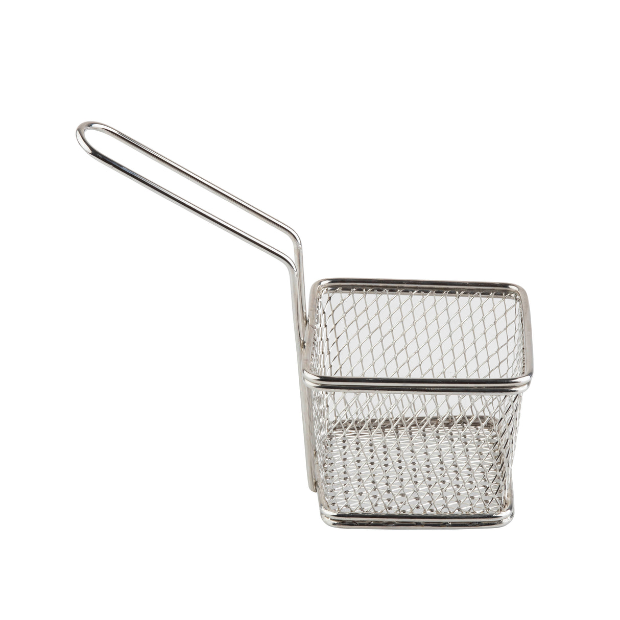 A small, rectangular stainless steel wire basket with a fine mesh design and a long, straight handle, isolated on a white background. Ideal as a serving basket or for frying and draining food.