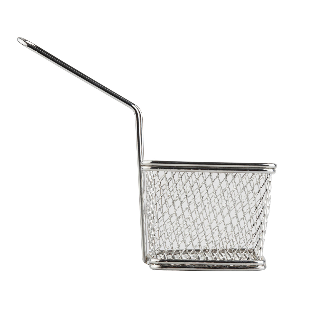 A small, empty stainless steel wire basket with a mesh design and long handle, photographed on a white background. Cylindrical and silver, it resembles a miniature deep fryer serving basket—perfect for stylish food presentation.