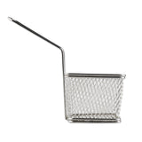A small, empty stainless steel wire basket with a mesh design and long handle, photographed on a white background. Cylindrical and silver, it resembles a miniature deep fryer serving basket—perfect for stylish food presentation.