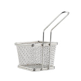 A small, square stainless steel serving basket with a mesh design and a long, angled handle. The basket appears silver and is perfect for deep frying or serving fries. The background is plain white, and it is dishwasher safe for easy cleaning.
