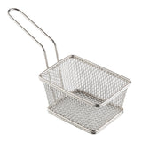 A small, rectangular stainless steel serving basket with a mesh design and a long handle, typically used for deep frying or serving food. The empty basket is placed on a plain white background.