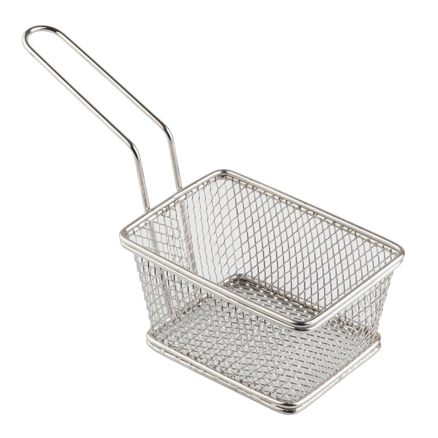 A small, rectangular stainless steel serving basket with a mesh design and a long handle, typically used for deep frying or serving food. The empty basket is placed on a plain white background.