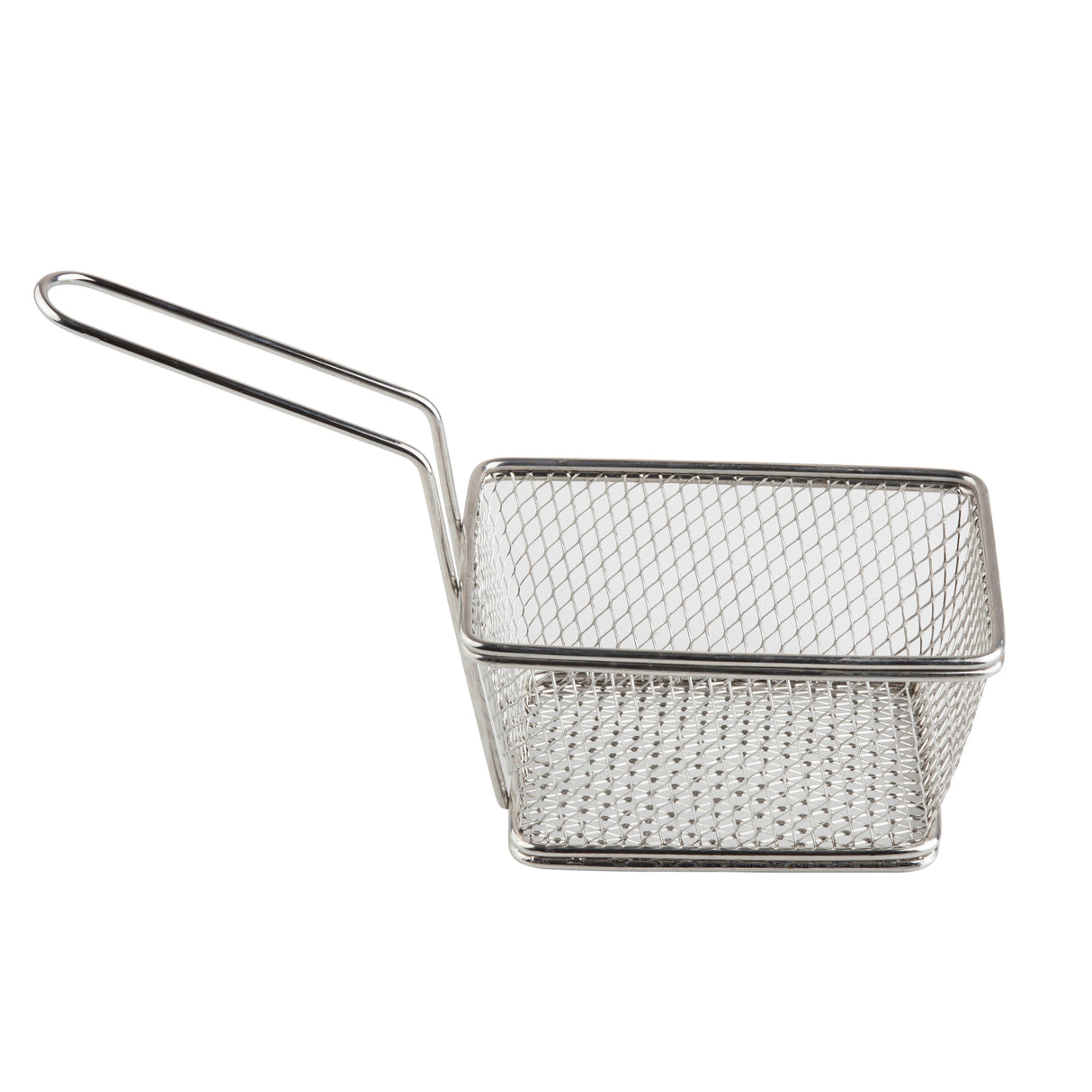 A small, rectangular stainless steel serving basket with a long handle, resembling a miniature deep fryer basket. The mesh sides and base allow for draining, and the handle is bent upwards for easy gripping. Dishwasher safe for convenient cleaning.