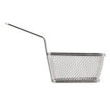 A stainless steel wire mesh serving basket with a long, straight handle, commonly used as a deep fryer basket. The rectangular basket features a grid pattern and is photographed from the side on a white background.