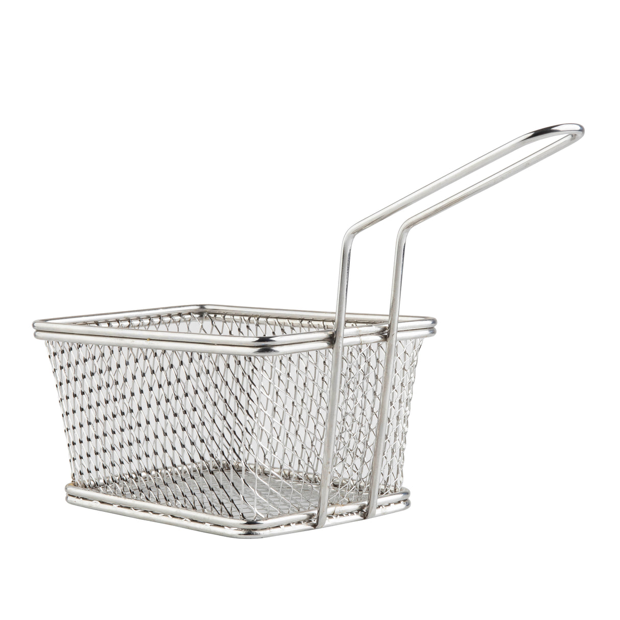 A small, rectangular stainless steel serving basket with a long handle. The fine mesh sides and sturdy frame make it ideal for deep frying or serving food. Its shiny silver finish offers a clean, modern look. The basket is empty and isolated on a white background.
