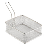 A rectangular, stainless steel wire serving basket with a fine mesh design and a long handle, typically used for deep frying food. The empty basket is shown on a white background.
