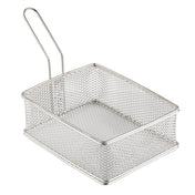 A rectangular, stainless steel wire serving basket with a fine mesh design and a long handle, typically used for deep frying food. The empty basket is shown on a white background.