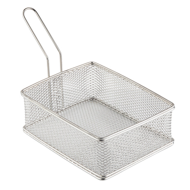A rectangular, stainless steel wire serving basket with a fine mesh design and a long handle, typically used for deep frying food. The empty basket is shown on a white background.