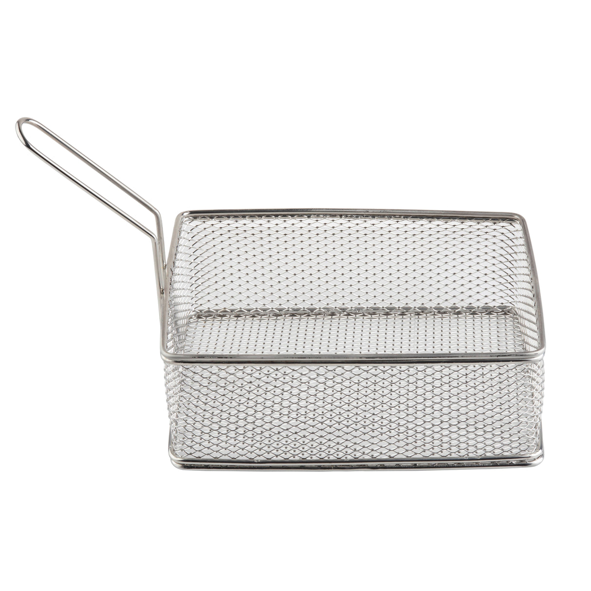 A rectangular stainless steel mesh serving basket with a wire handle, designed for frying or draining foods. The fine grid pattern and sturdy frame allow liquids to pass through while securely holding small items.