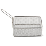 A rectangular stainless steel mesh serving basket with a wire handle, designed for frying or draining foods. The fine grid pattern and sturdy frame allow liquids to pass through while securely holding small items.