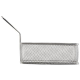 A small, oval-shaped stainless steel serving basket with a mesh design and a single straight handle extending upward from one side. The basket appears empty and is set against a white background.