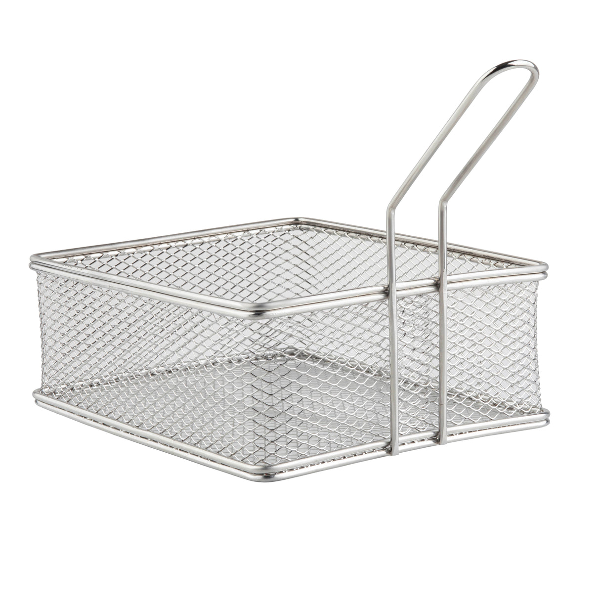 A stainless steel wire mesh serving basket with a rectangular shape and a long, curved handle extending upward. The empty basket’s mesh sides allow airflow, making it ideal for draining or hot holding food. The design is functional and utilitarian.