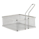 A stainless steel wire mesh serving basket with a rectangular shape and a long, curved handle extending upward. The empty basket’s mesh sides allow airflow, making it ideal for draining or hot holding food. The design is functional and utilitarian.