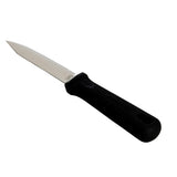 A small TableCraft Products PerfectGrip Paring Knife with a straight, narrow stainless steel blade and a black textured handle. The shiny blade features a pointed tip, while the handle has a subtle brand marking and a hole at the end for hanging.