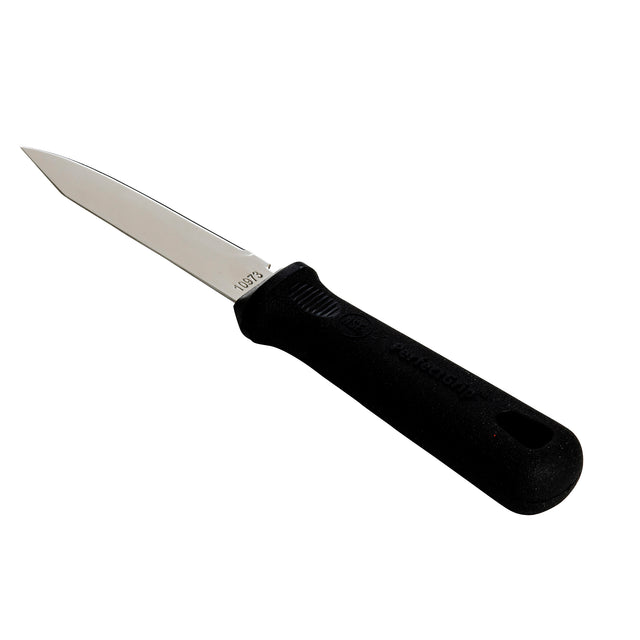 A small TableCraft Products PerfectGrip Paring Knife with a straight, narrow stainless steel blade and a black textured handle. The shiny blade features a pointed tip, while the handle has a subtle brand marking and a hole at the end for hanging.