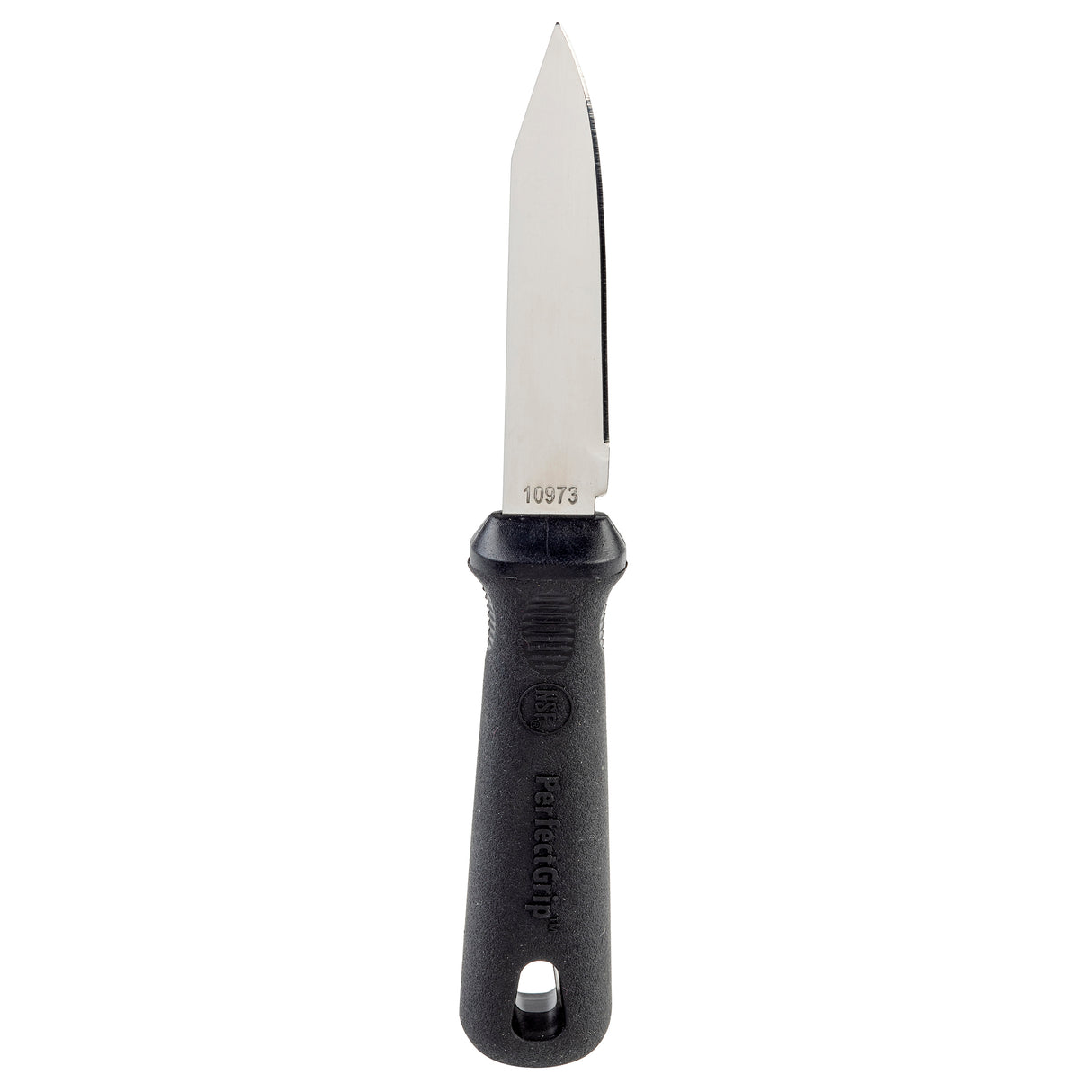 The TableCraft Products PerfectGrip Paring Knife features a short, pointed stainless steel blade and a black textured handle with an oval hole near the base. "10973" is engraved on the blade. Photographed on a white background.