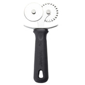 A Double Pastry Cutter with stainless steel dual blades and a black ergonomic PerfectGrip handle. One blade is smooth and circular, the other serrated. Photographed on a white background, "PerfectGrip" is embossed on the handle.
