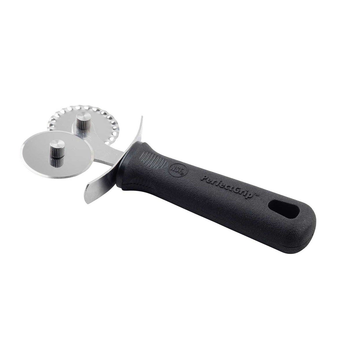 The PerfectGrip Double Pastry Cutter features two parallel stainless steel wheels—one plain and one fluted—with a black handle, textured grip, thumb rest, and a hanging hole for easy storage.